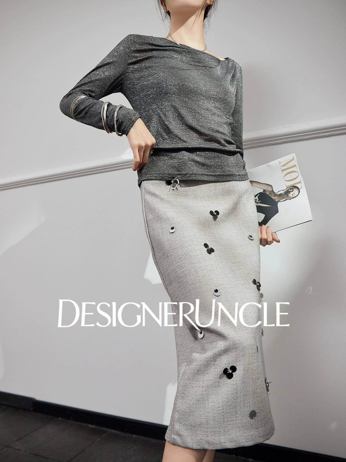 DGU "Ink Realm" gray long-sleeved loose commuting slimming and versatile high-end top - YAN.