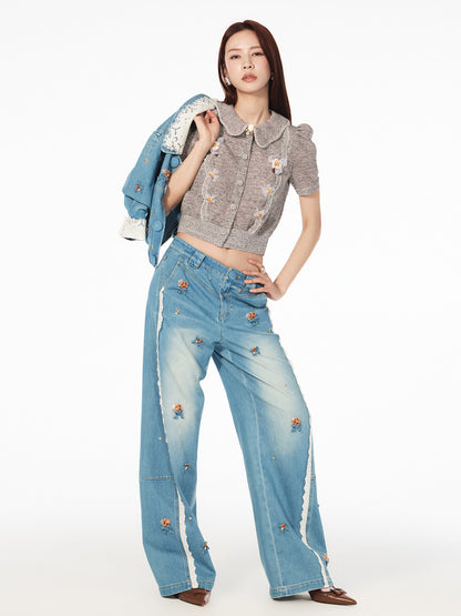 FAME Flower Beaded Patchwork Lace Denim Casual Pants - ANGEL