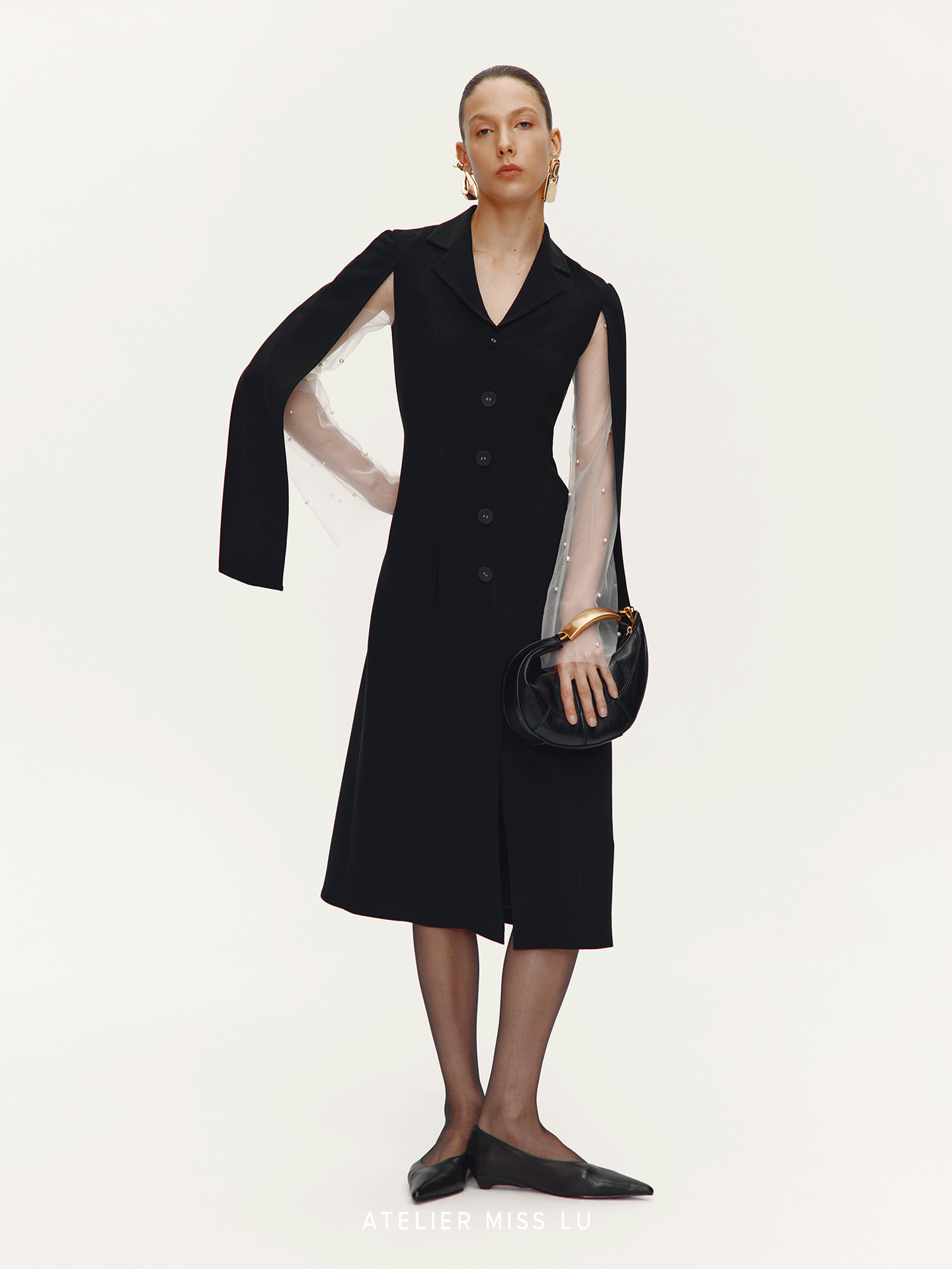 ATELIER MISS LU Pearl Embellished Gauze Sleeve Suit Dress - CONQUER.
