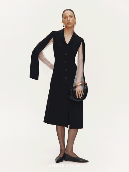 ATELIER MISS LU Pearl Embellished Gauze Sleeve Suit Dress - CONQUER.