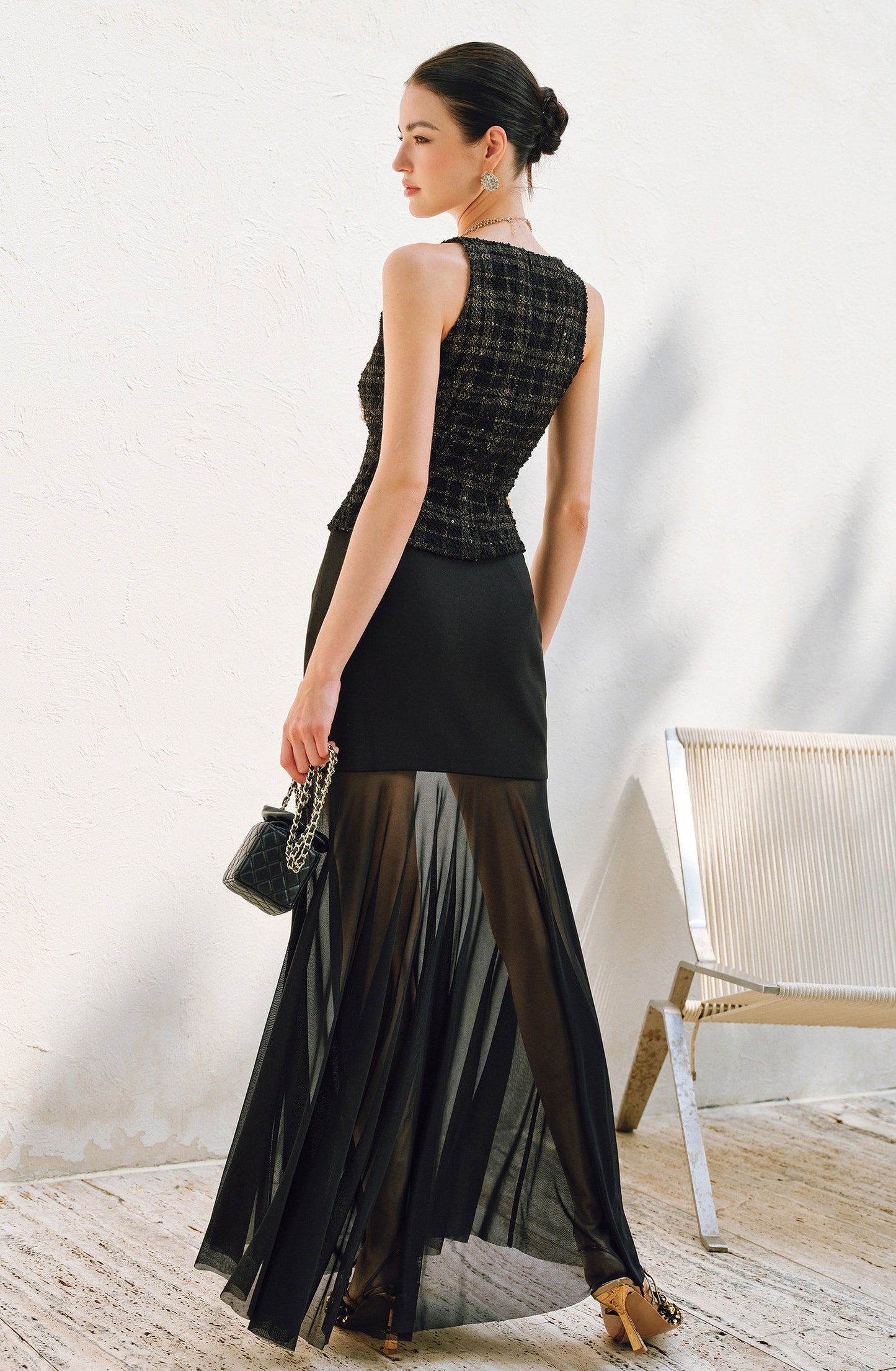 WANGXO | Twill Roman Knit with Lightweight Sheer Paneling  A-Line Hem Flowing Skirt  -RAYA