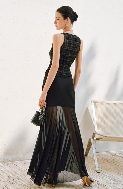 WANGXO | Twill Roman Knit with Lightweight Sheer Paneling  A-Line Hem Flowing Skirt  -RAYA