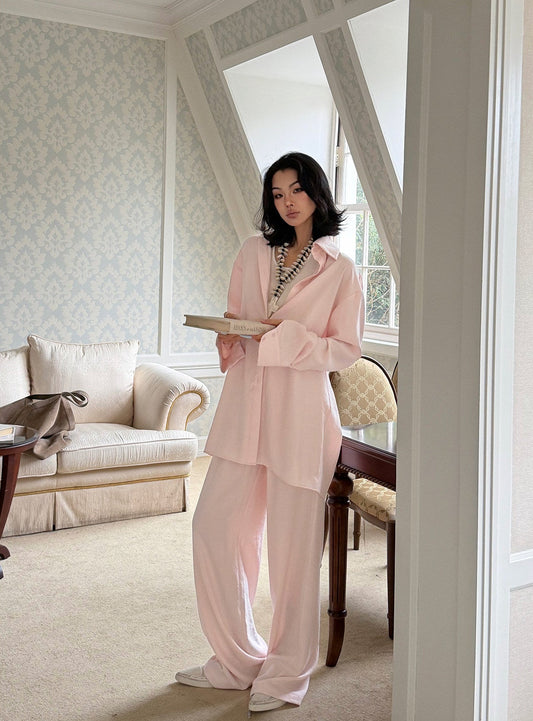 MEI SANGUAN Pink Oversized Shirt & Wide-Leg Pants Set - DAISY