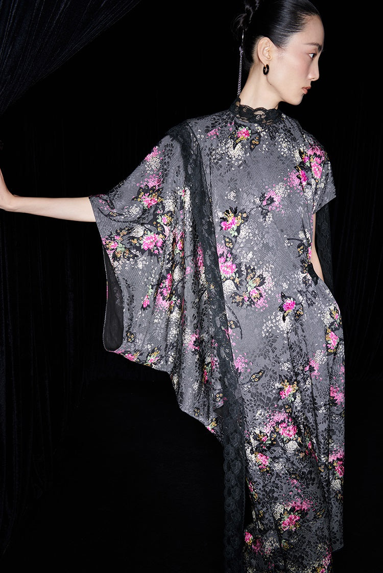 M essential Mackay designer cherry blossom print beaded asymmetrical dress - WORDS.