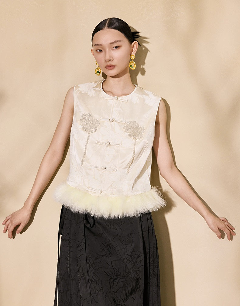 HECO 100% polyester Buckle Bead Embroidered pink apricot Round Neck Vest - spark.