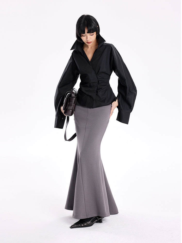 TINY IN stand-up collar casual pinch-pleated curved sleeve cinched waist shirt-KIA