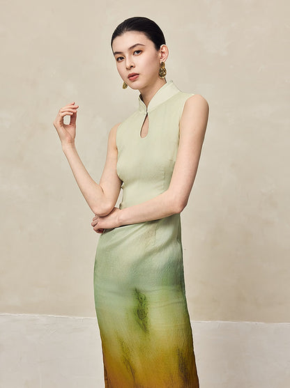 HECO Silk Smudge Chiffon Cheongsam midi sleeveless Dress Women - SIGHT.