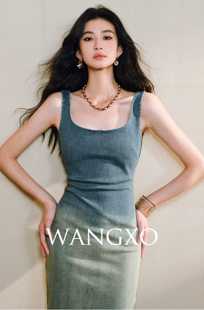 WANGXO | Shu Rou Denim Sand-Fried U-Neck Waist Vest Dress - NOOR