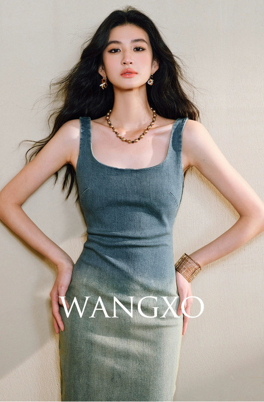 WANGXO | Shu Rou Denim Sand-Fried U-Neck Waist Vest Dress - NOOR