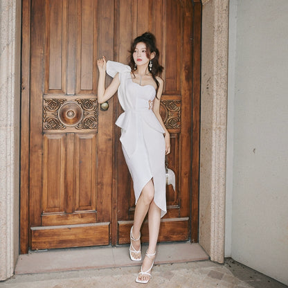 DOLLY Elegant Ruffled Off Shoulder Hollow Waist Irregular Hem Dinner Dress-NINA