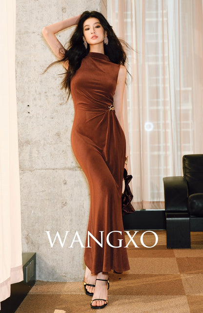 WANGXO | Acetate Knit Hand-Pinched Pleats Fishtail Dress -TYRA.