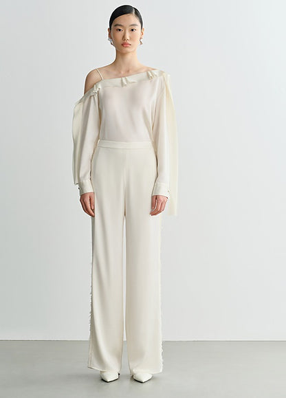 COMME MOI Lv Yan designer summer slanted lace top off-the-shoulder light shirt pants - ROMEO.