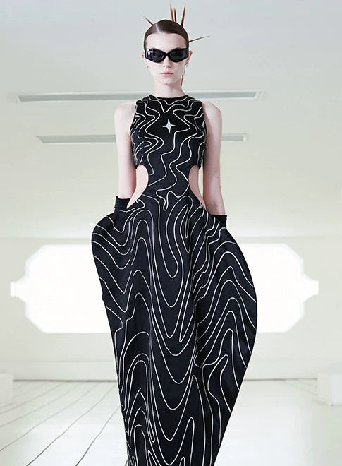 ANNAKIKI  triacetic fractal wave embroidered long dress-JINGCHU.