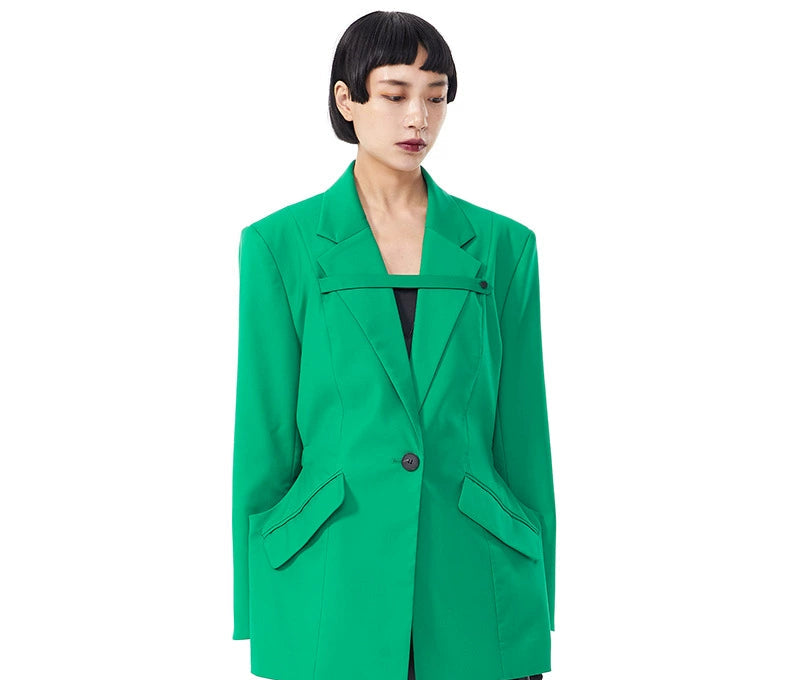 TINYIN  waist silhouette blazer women's one-button mid-length green black-CHI