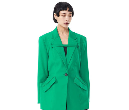 TINYIN  waist silhouette blazer women's one-button mid-length green black-CHI
