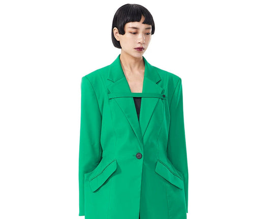TINYIN  waist silhouette blazer women's one-button mid-length green black-ZYN