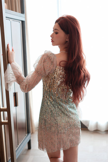 Wardrobes by Chen High End Golden Green multi color sequince mini dress-Serah