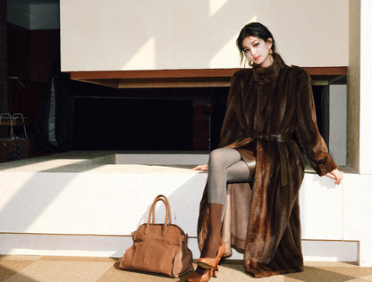 WANGXO | Tibetan Pas-Striped Mink Texture Belted Fur Coat -YUNI.