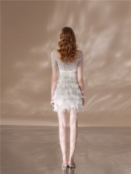 Wardrobes by Chen High End White Fringe Feather Sequin bridal Dress-Ponny