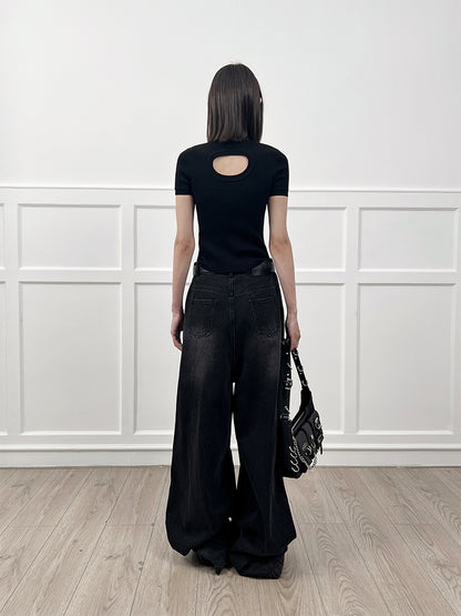 ANNAKIKI  Designer Women's Niche Black Ripped Distressed Jeans Wide-leg Pants-SPIKE