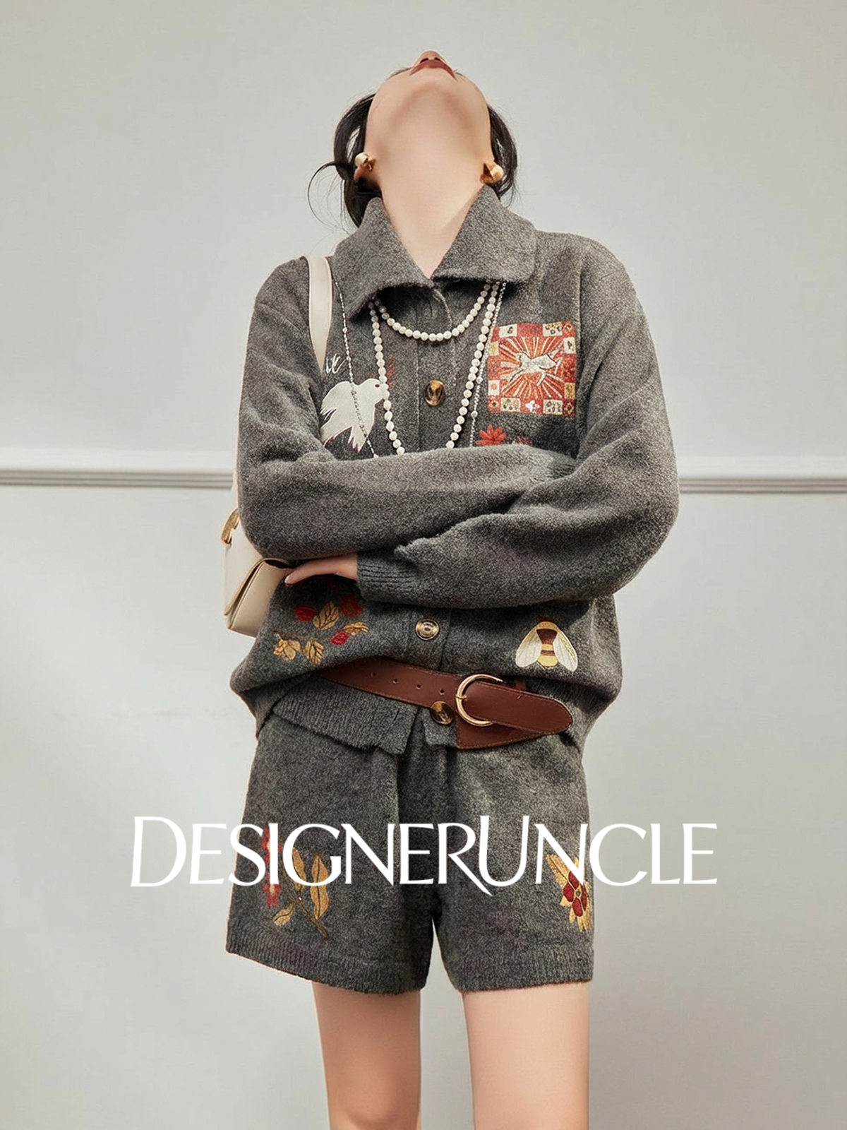 DGU×LAB|Gray Suit Printed Cardigan Knitted Shorts Two-Piece Set - PRESENCE