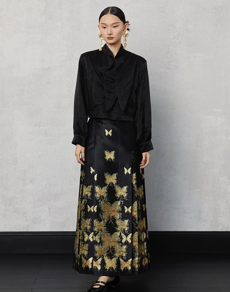 HECO Butterfly Hanfu High Waisted Pleated Long Skirt - rain.