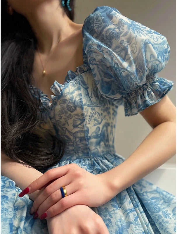 Aconiconi Elegant Blue French Print Short Princess Dress- Blue Ocean Whisper S / Blue Aconiconi Elegant Blue French Print Short Princess Dress- Blue Ocean Whisper S / Blue