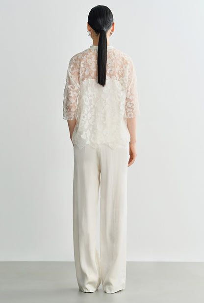COMME MOI Silk Embroidered Panelled Straight white Pants - ISAIAH.