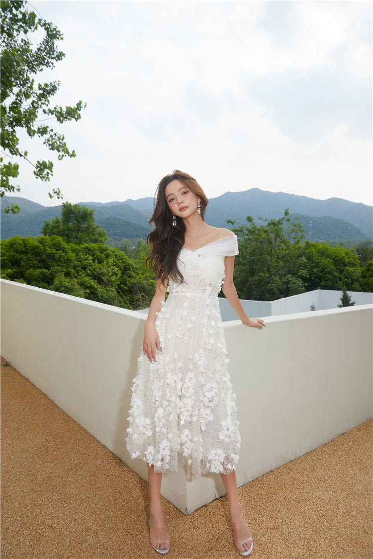 Spot Wardrobes by Chen Elegant White Embroidered applique  wedding Dress-Swiss