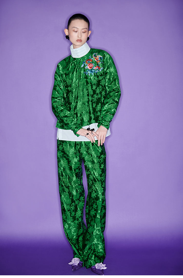 M essential Mackay designer emerald green silk thread embroidered top  pants set- zim.