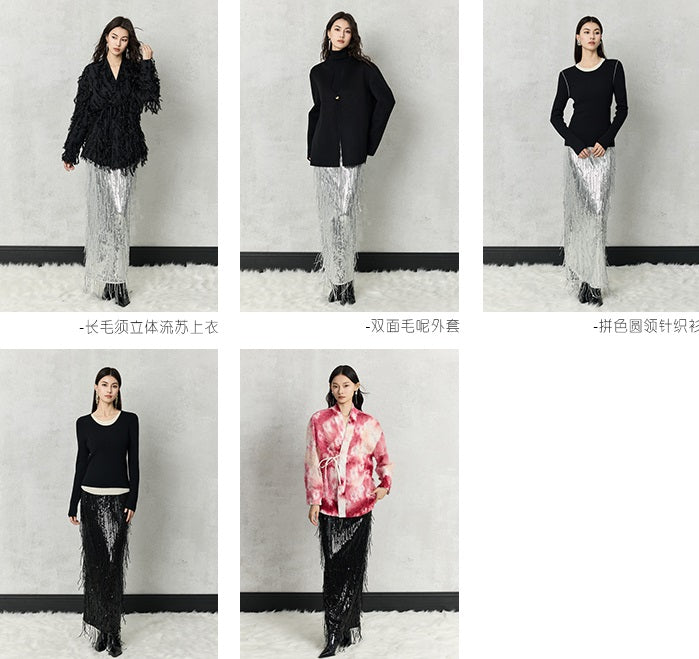 HECO 100% polyester Silver Black Sequins High Waist Slim Skirt Woman - sun.