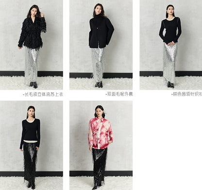 HECO 100% polyester Silver Black Sequins High Waist Slim Skirt Woman - sun.