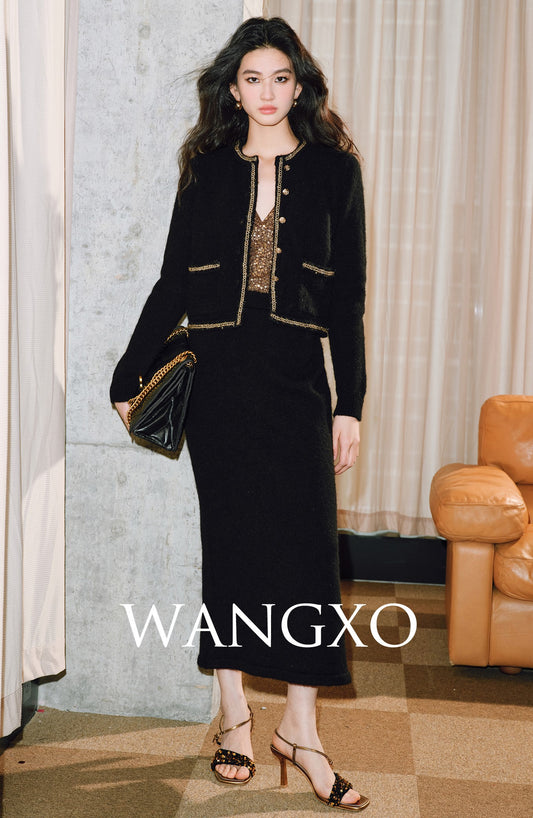 WANGXO | Luxury Peruvian Alpaca Wool Silk Blend Outfit Set of Jacket and Skirt- LANI.