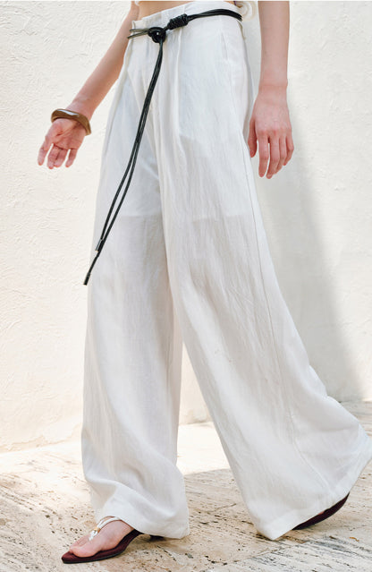 WANGXO |Linen Delicate Knit Slant Shoulder Top & Tailored Straight Pants with Airy Elegance Suit Set -RAYA