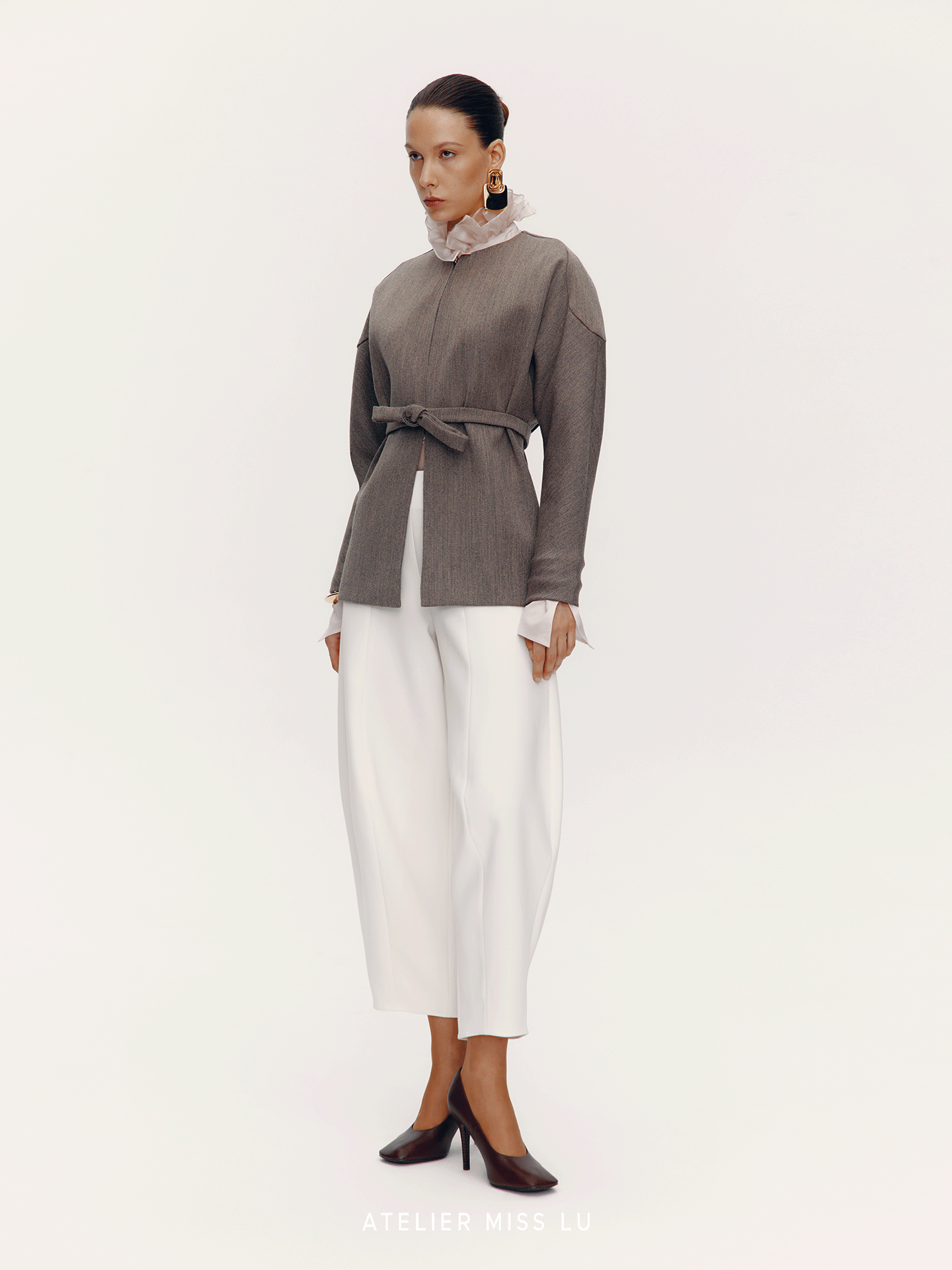 ATELIER MISS LU Curved silhouette sheep wool belt coat - PLEA