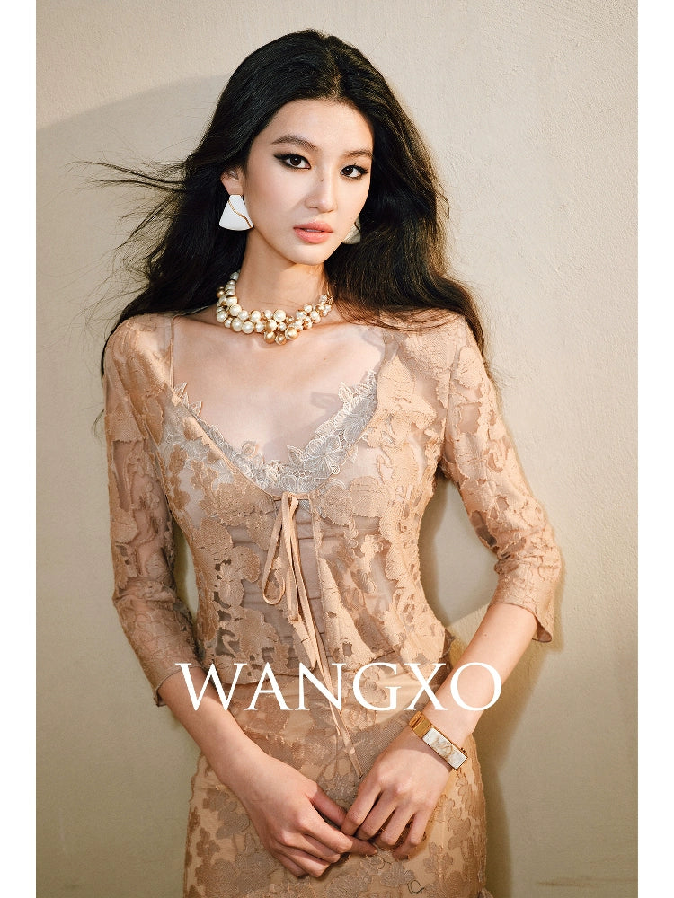 WANGXO | Lace-Up Cardigan & Irregular Double Fishtail Hip Skirt Set -KAIA