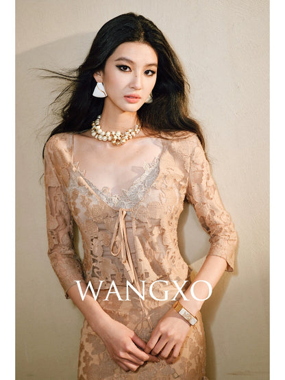 WANGXO | Lace-Up Cardigan & Irregular Double Fishtail Hip Skirt Set -KAIA