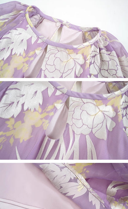 HECO silk peony burnt flower pendulum long-sleeved dress women - healer.