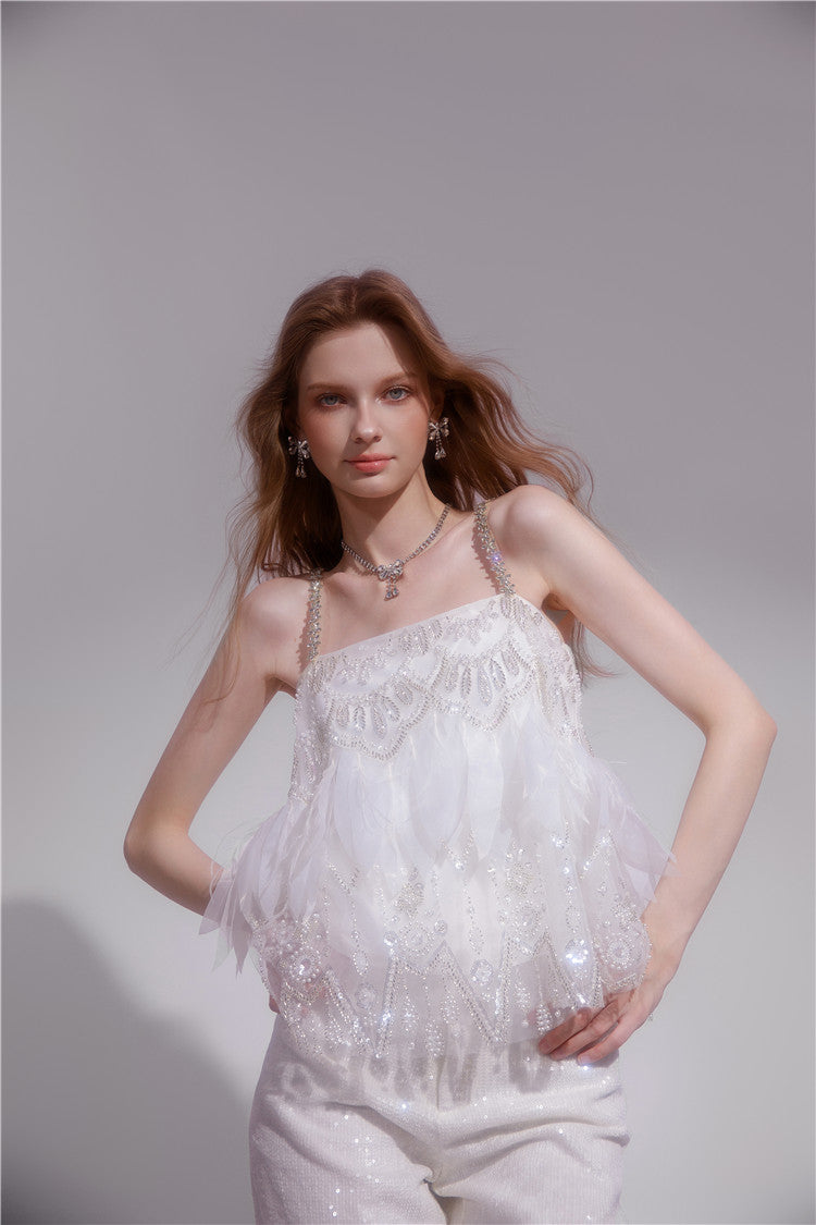 Wardrobes by Chen White sequin Strap Lace Loose Top High Waist Straight Pant-Lacey