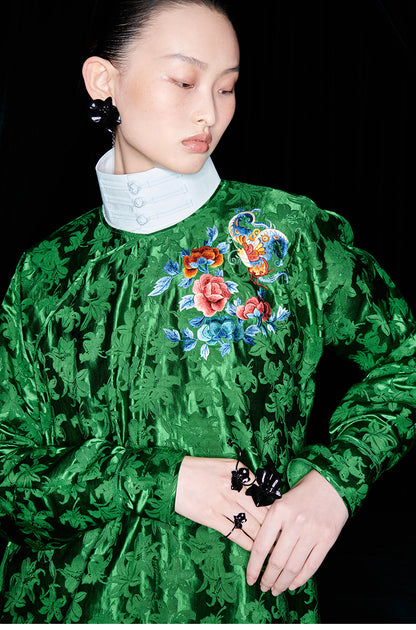 M essential Mackay designer emerald green silk thread embroidered top  pants set- zim.