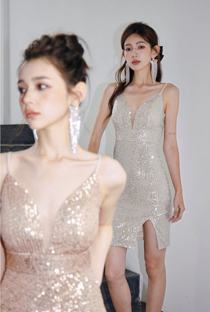 DOLLY Elegant Deep V-Neck Sleeveless Sequin Long Slim Fit Evening Dress-IVONNE