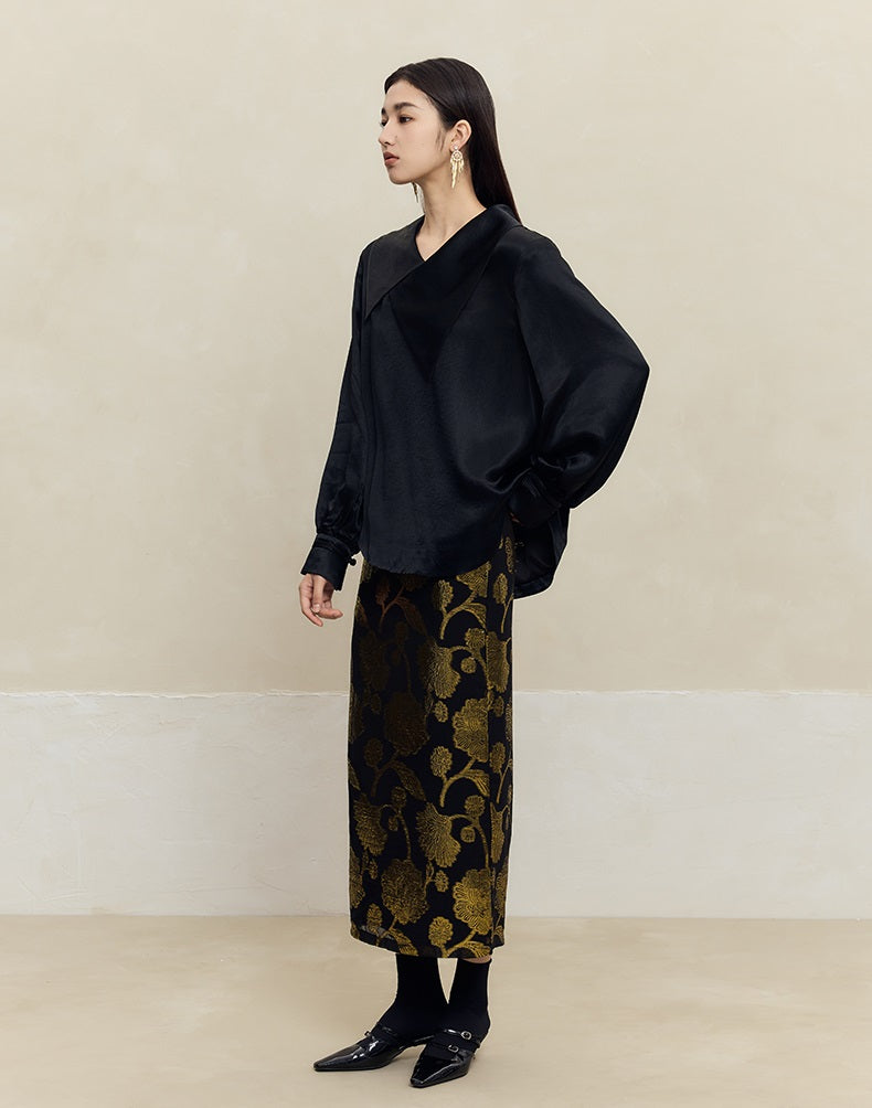 HECO 100% mulberry silk black Cut Flower Silk Skirt Women - power.