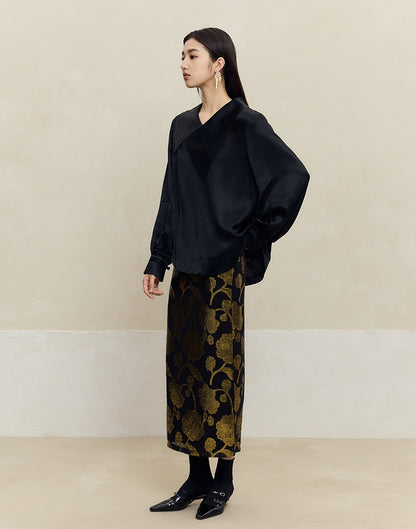 HECO 100% mulberry silk black Cut Flower Silk Skirt Women - power.