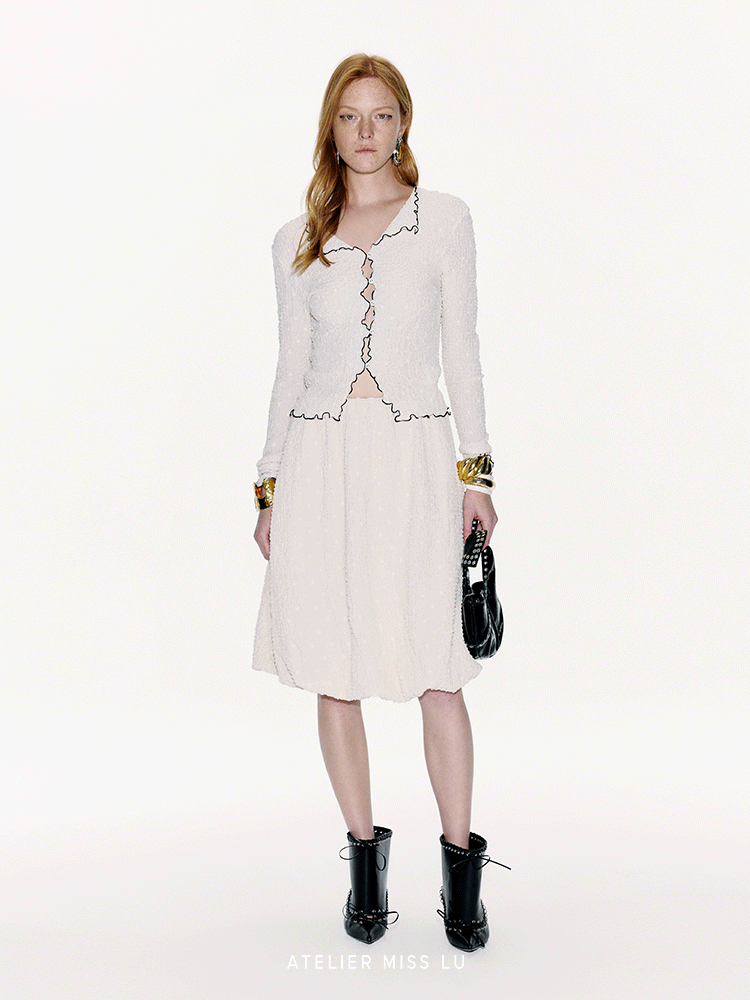 ATELIER MISS LU Bubble Texture Contrast Nux Lace Top - PEACE
