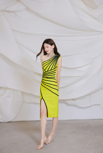 DOLLY Elegant One Shoulder Sleeveless Stripped Slim Fit Slit Dinner Dress-ZEN