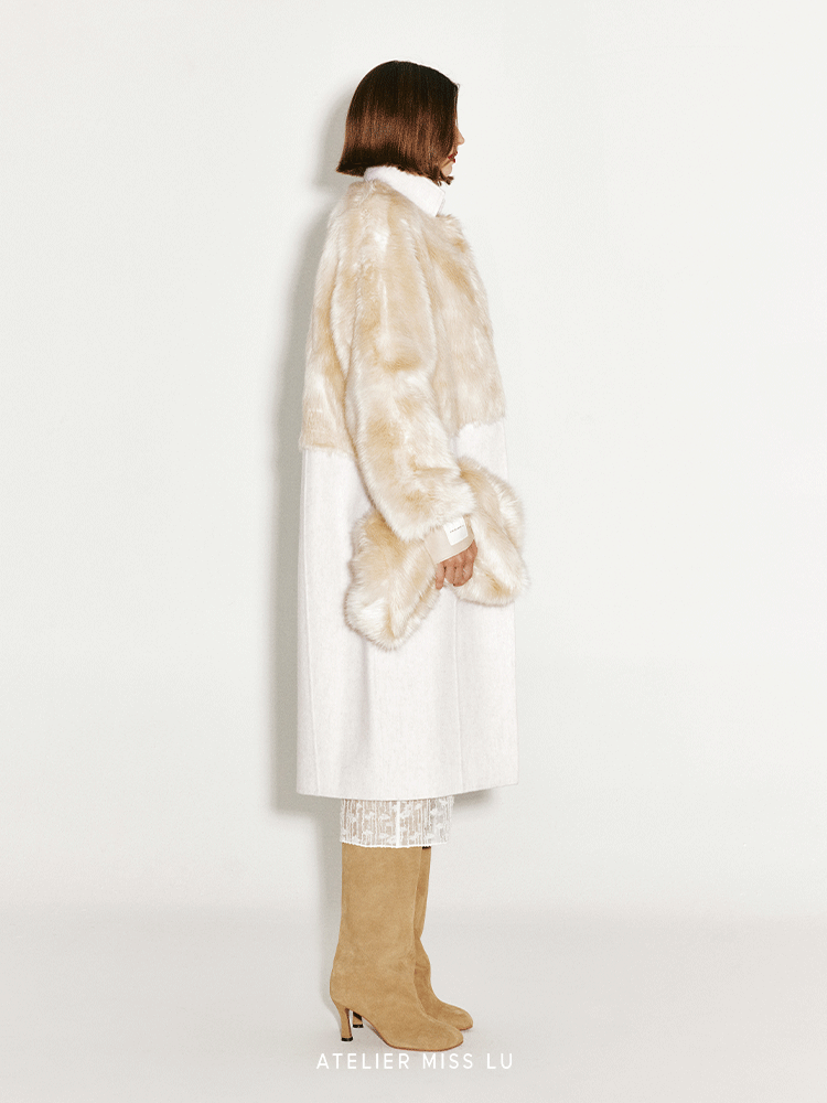 ATELIER MISS LU faux fur patchwork long sheep's wool coat -HECATE.