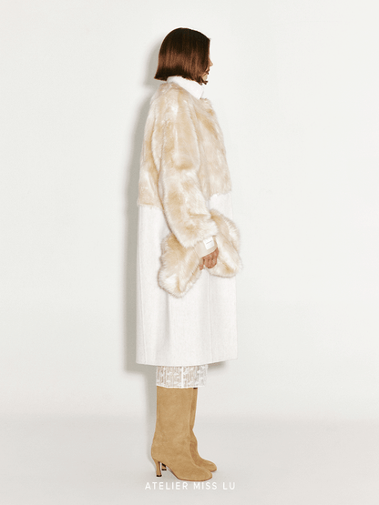 ATELIER MISS LU faux fur patchwork long sheep's wool coat -HECATE.