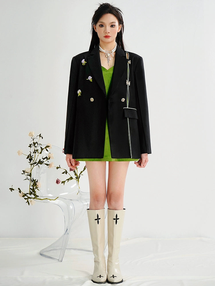 CHECOCRE Elegant Stubble New Chinese Crystal Butterfly Pure Black Coat - CEASER