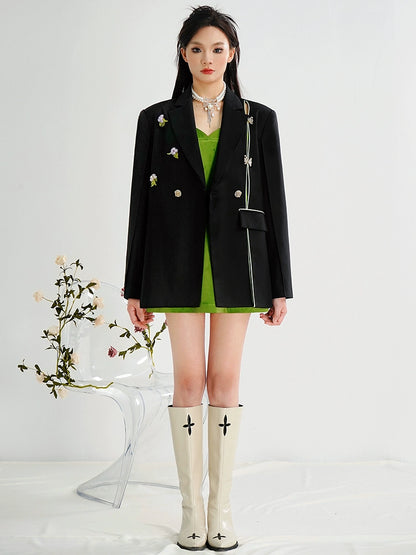 CHECOCRE Elegant Stubble New Chinese Crystal Butterfly Pure Black Coat - CEASER