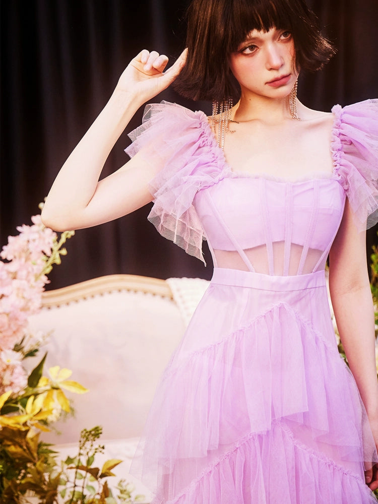 DOLLY High End Square Collar Short Ruffle Sleeves High Waist French Style Dress-MARIANA